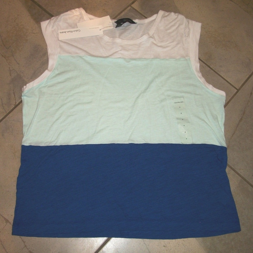 Calvin Klein Blue Stripe CappedSleeve Cotton Top M